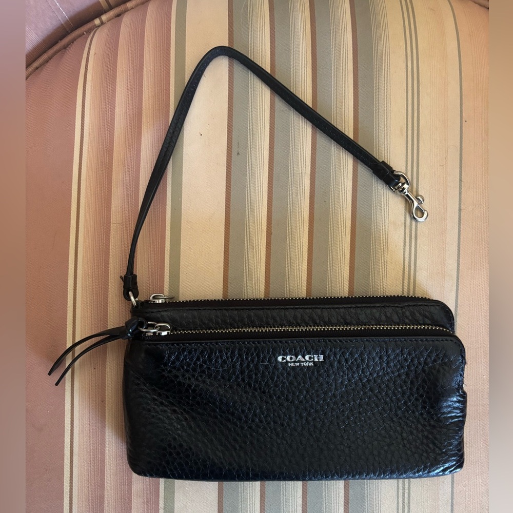 Coach Pebbled Black Leather Double-Zip Wristlet or Wallet With Silver Zippers